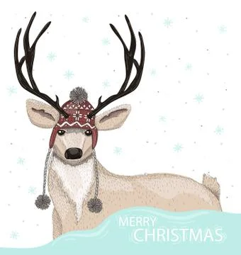 Cute deer with hat winter background Stock Illustration