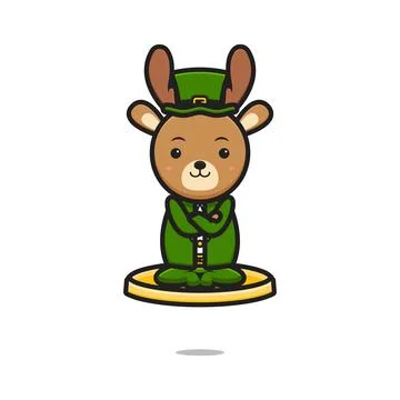 Cute deer leprechaun saint patrick day character flying with gold coin cartoo Stock Illustration