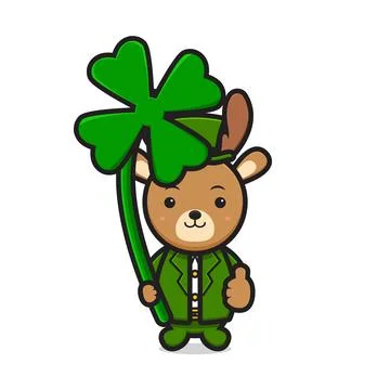Cute deer leprechaun saint patrick day character holding clover cartoon vecto Stock Illustration