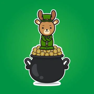Cute deer leprechaun saint patrick day character sit above gold coin cartoon  Stock Illustration