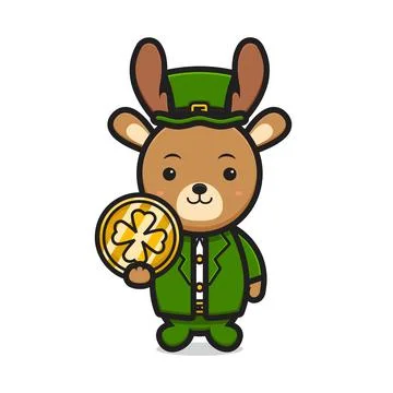 Cute deer leprechaun saint patrick day character holding clover coin cartoon  Stock Illustration