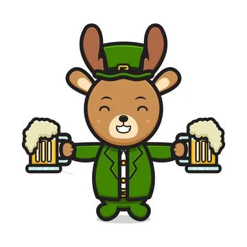 Cute deer leprechaun saint patrick day character holding beer cartoon vector  イラスト素材