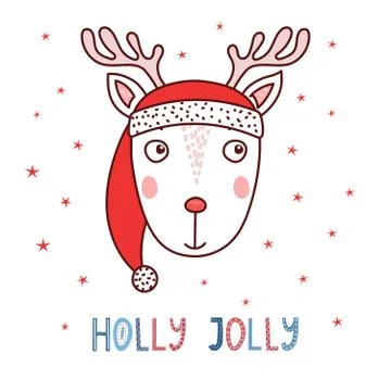 Cute deer in a Santa hat Stock Illustration
