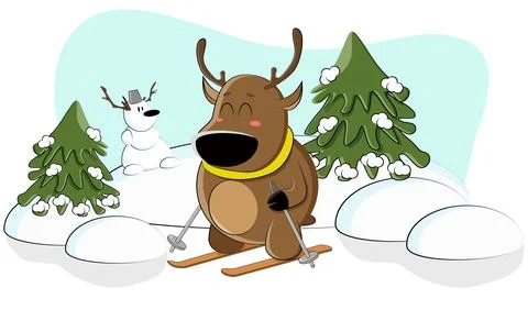 Cute deer skiing on a nice winter day Stock Illustration