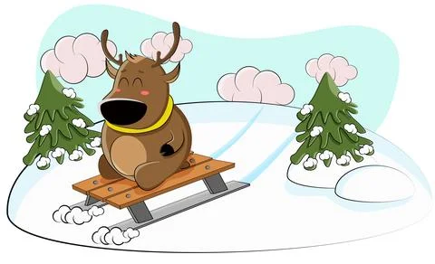 Cute deer sledding fresh from a high hill Stock Illustration