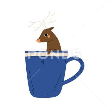 Cute Deer in Teacup, Adorable Little Cartoon Animal Character Sitting in Blue Stock Illustration