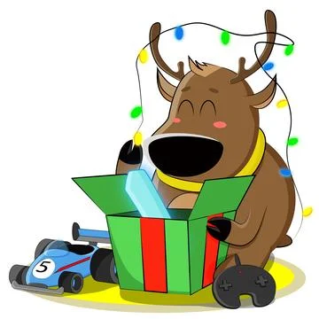 A cute deer was given a toy radio-controlled car and a glowing crystal Illustrazione stock