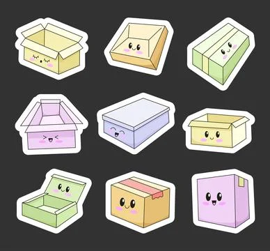 Cute delivery box characters. Sticker Bookmark. Stock Illustration