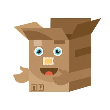 Cute delivery box characters vector illustration set. Funny nine shipping b.. Stock Illustration