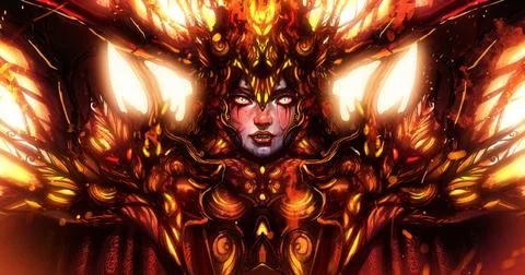 A cute demon girl in a complex hellish armor with many patterns and luminous  Stock Illustration