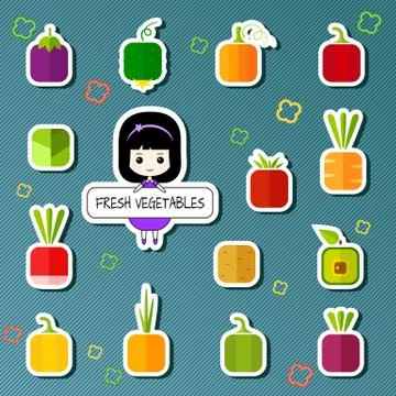 Cute design patches square vegetable icon set. Stock Illustration