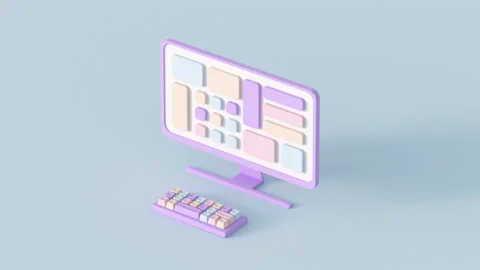 Cute desktop computer and keyboard 3D render animation Stock Footage 220276410