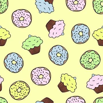 Cute dessert cartoon seamless pattern, donut and cupcake on yellow background Illustrazione stock