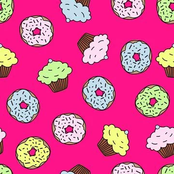 Cute dessert cartoon seamless pattern, donut and cupcake on pink background Illustrazione stock