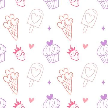 Cute Dessert Seamless Pattern with Cupcakes, Ice Cream and Strawberries Illustrazione stock