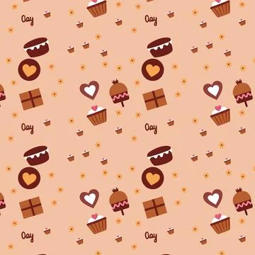 Cute Dessert-Themed Seamless Pattern with Cupcakes and Gift Boxes Stock Illustration