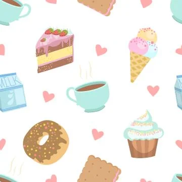 Cute Desserts Seamless Pattern, Cake, Cupcake, Donut, Cookie, Ice Cream, Cup of Illustrazione stock