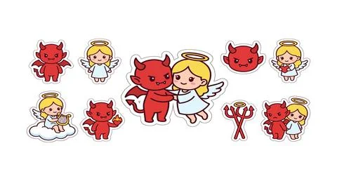 Cute devil and angel characters set in various poses and interactions Illustrazione stock