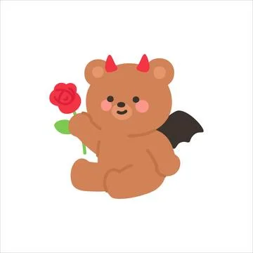 Cute Devil Bear Holding a Red Rose with Bat Wings on White Background Stock Illustration