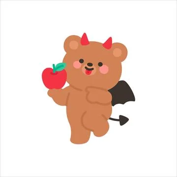 Cute Devil Bear Holding a Red Apple with a Mischievous Smile Stock Illustration