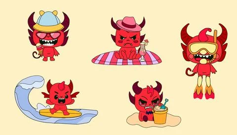 Cute devil characters enjoying a fun summer beach holiday Illustrazione stock