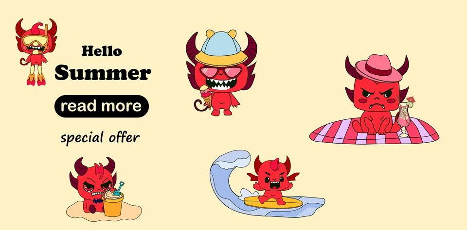 Cute devil characters enjoying a fun summer beach holiday Stock Illustration