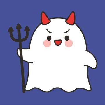 Cute Devil Ghost Emote Vector with Trident and Red Horns on Blue Background 스톡 일러스트