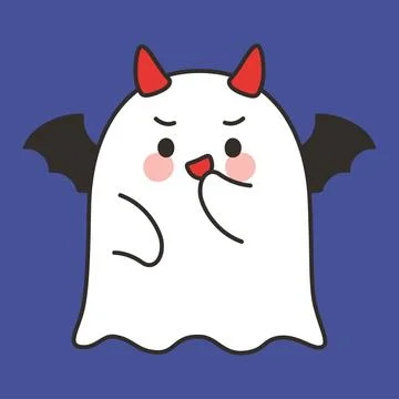 Cute Devil Ghost Emote Vector with Horns and Bat Wings on Blue Background Stock Illustration