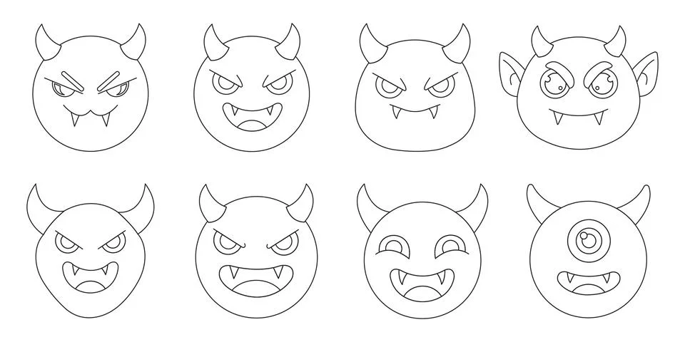 Cute Devil Monster Face Outline Icons, Spooky Emoji Line Art Set for Hallow.. 스톡 일러스트