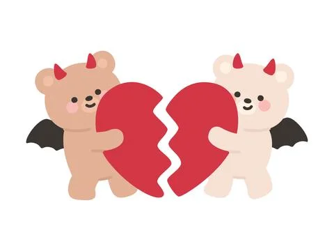 Cute Devil Teddy Bears Holding a Broken Heart Stock Illustration