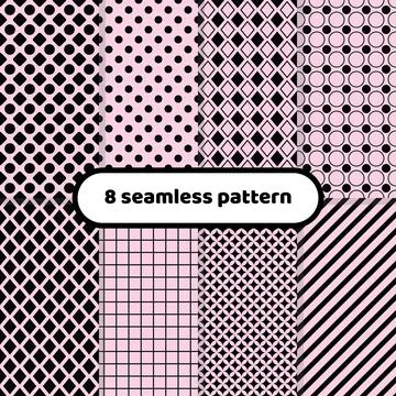 Cute different geometric patterns, black and pink abstract pattern set, pastel Illustrazione stock