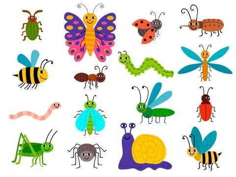 Cute different insects set in childlike flat style Stock Illustration