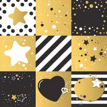 Cute different vector backgrounds set patterns dark gold color with stars Illustrazione stock