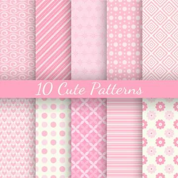 Cute different vector seamless patterns. Pink and white color Stockillustratie