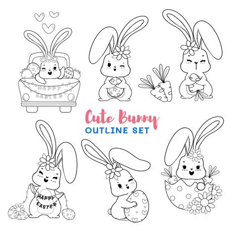 Cute digital stamp spring Easter bunny cartoon outline, coloringpage or digit Illustrazione stock