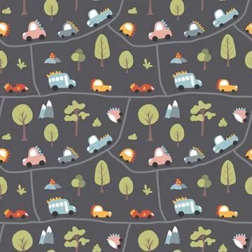 Cute Dino Cars Seamless Pattern, Childish Cartoon background, vector Illust.. Stock Illustration