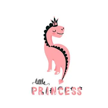 Cute dino vector illustration with beautiful pink dinosaur wearing crown with Stock Illustration