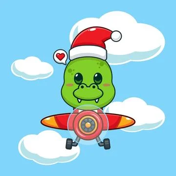 Cute dino wearing santa hat fly with plane. CCartoon vector illustration in.. Stock Illustration