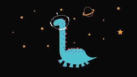 Cute dinosaur alien flying on space looping animation on black background Stock Footage 340084333