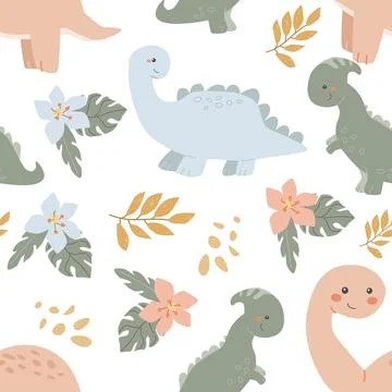 Cute dinosaur and floral pattern on black background Stock Illustration