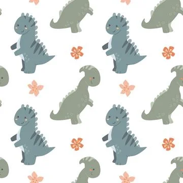 Cute dinosaur and flower pattern on black background 스톡 일러스트