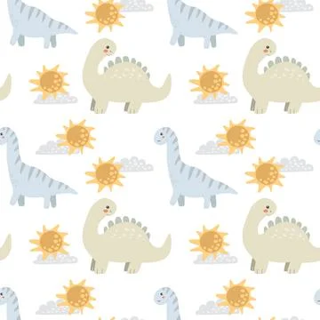 Cute dinosaur and sun pattern on black background 库存插图