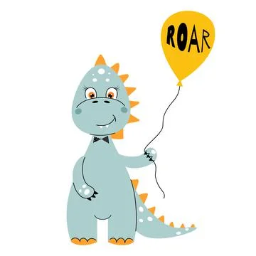 Cute dinosaur with balloon. Cartoon vector illustration. Stock Illustration