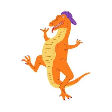Cute dinosaur in baseball cap dancing, vector cartoon funny crocodile have fun Stock Illustration