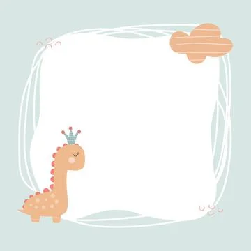 Cute dinosaur with a blot frame in simple cartoon hand-drawn style. Illustrazione stock