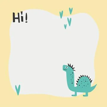 Cute dinosaur with a blot frame in simple cartoon hand-drawn style. Stock Illustration