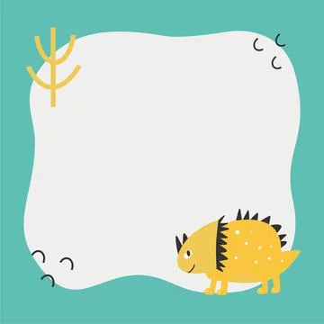 Cute dinosaur with a blot frame in simple cartoon hand-drawn style. Stock Illustration