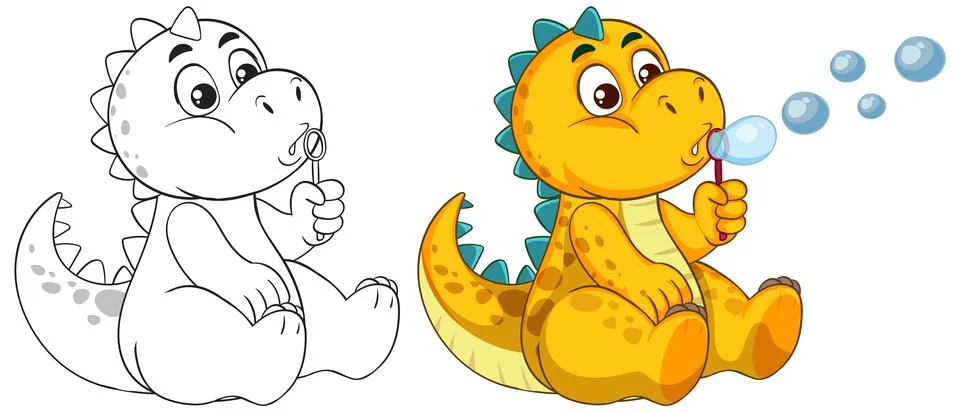 Cute Dinosaur Blowing Bubbles Vector Illustration Stock Illustration
