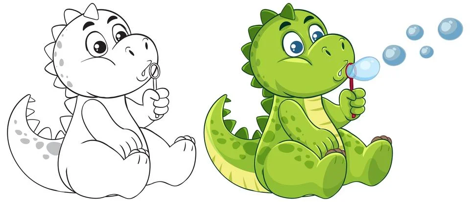 Cute Dinosaur Blowing Bubbles Vector Illustration Stock Illustration