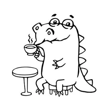 Cute dinosaur in cafe. Vector illustration. Stock Illustration